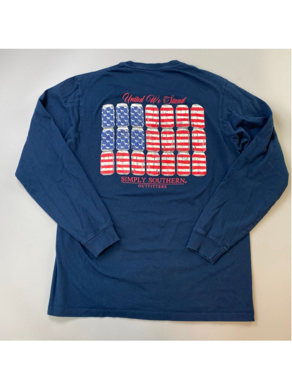 Simply Southern Long Sleeve Tee Medium Blue Red Americana Flag Cans Heritage